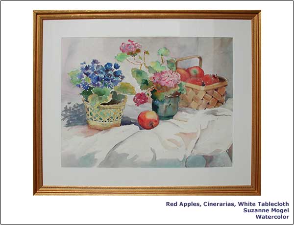Red Apples, Cinerarias, White Tablecloth | Suzanne Mogel | Watercolor.